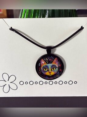 Hand Crafted whimsical cat cabochon necklace